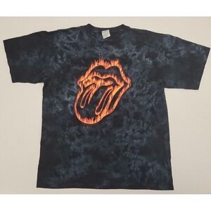 Rolling Stones Flames 2005 Tongue Tie Dye Band Shirt‎ Men's M Black Gray Fire
